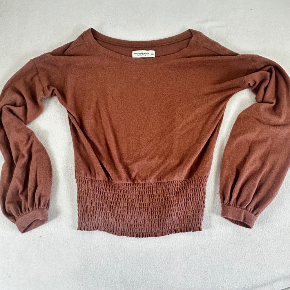 Abercrombie & Fitch‎ Soft A&F Cozy Smocked Waist Top XS Brown Balloon Sleeve